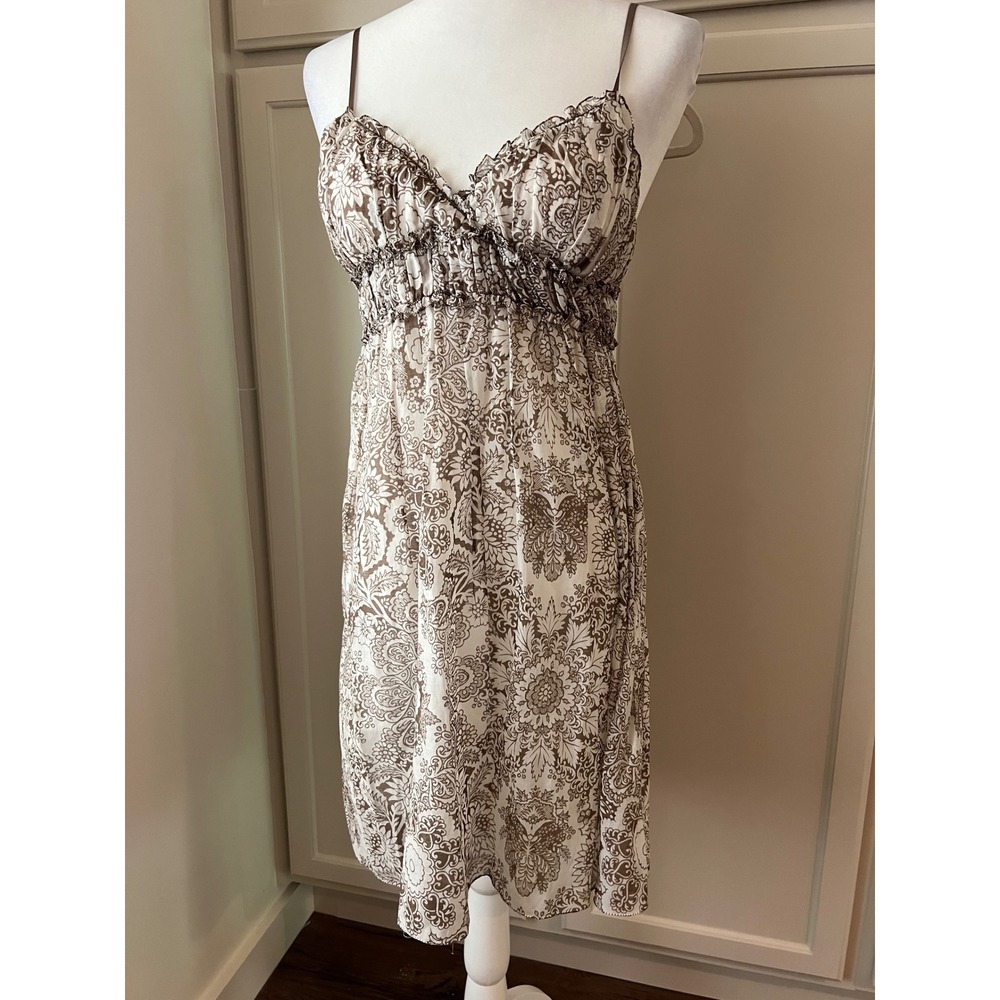 MSSP Brown White Floral Damask Silk Blend Empire Waist Ruffle Slip Dress Small
